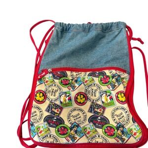Aloha Hawaii Print Drawstring Backpack Denim Red Trim Summer Beach Bag
